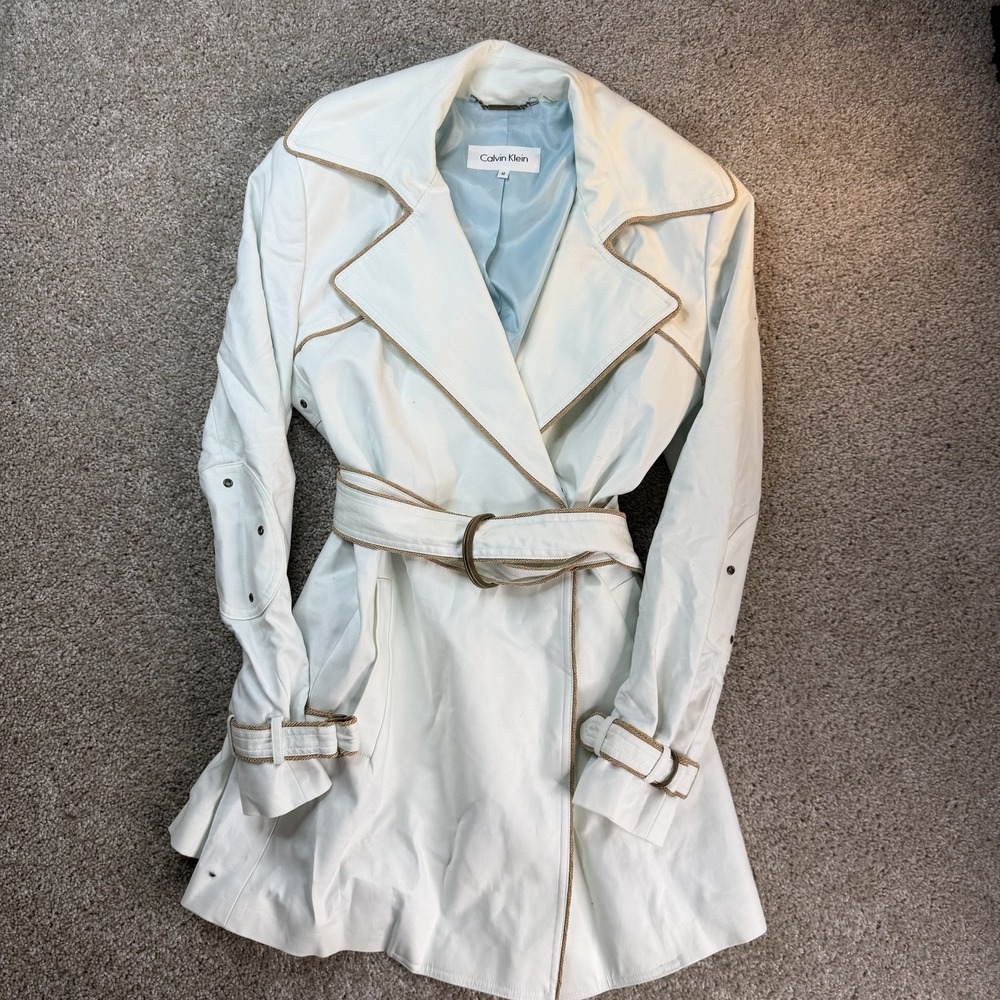 Calvin Klein Coat Womens M White Twill Trench Belted Lined Mid Length Collared